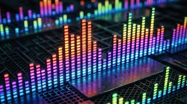 Multicolor audio equalizer bars showing sound frequency level. Digital music visualization on dark background. Abstract technology concept for electronic signal processing and media data.