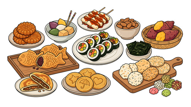 김밥, 붕어빵, 달고나, 떡꼬치를 포함한 손그림 스타일의 귀여운 한국 간식 모음