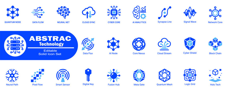 Abstract technology editable solid icon set. Collection of advanced digital symbols for modern innovation symbols. Editable Stock. Vector Illustration.