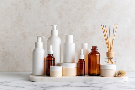 The Skincare Set on Marble Tray with Amber Bottles and Diffuser
