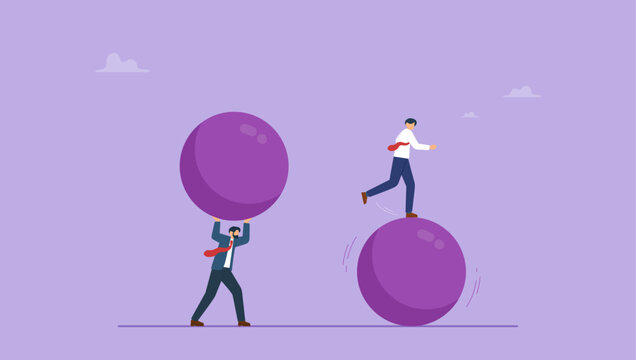 Businessman run fast on sphere effortless to win. Work smarter not harder, efficient way with minimal effort to win business competition, better or difference strategy to outsmart competitor concept.