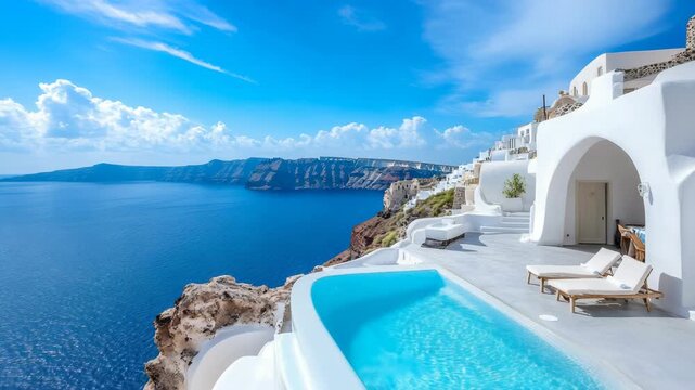 Beautiful Greek island villa in Santorini with private pool white walls cliff view and deep blue ocean showing luxury summer travel getaway coastal resort premium Mediterranean holiday mood