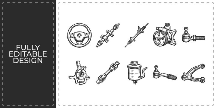 Automotive braking and engine block parts icons set featuring discs and components for vehicle repair shop and professional mechanical engineering branding design
