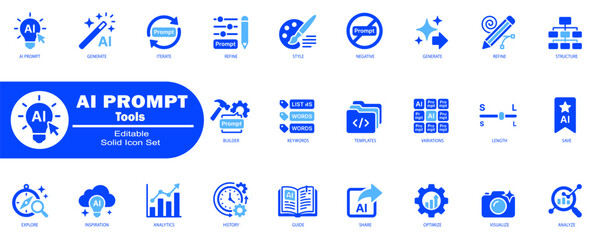 Artificial Intelligence prompt tools solid icon set. Machine learning generation and model development workflows symbol. Editable Stock. Vector Illustration. © icons.point