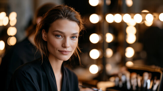 A makeup artist blends foundation across a model's cheekbone under a ring of vanity bulbs backstage before a fashion event, brushes fanned in an open case, beauty industry,