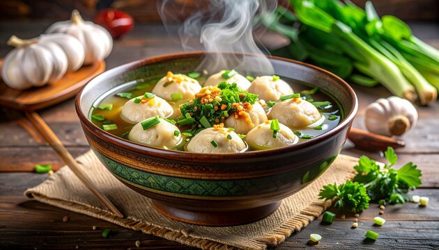 Freshly made fish ball soup with tender handmade fish balls in a clear aromatic broth, bok choy, scallions, crispy fried garlic