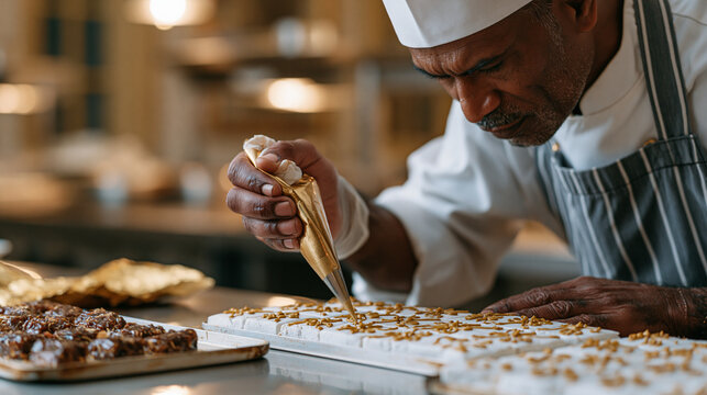 A pastry chef pipes intricate Diwali mithai decorations onto trays of barfi using a fine nozzle in a commercial kitchen, edible gold leaf nearby, stainless surfaces polished under
