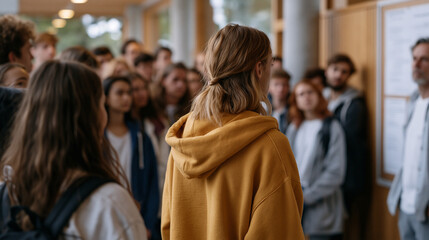 Fototapeta premium A crowd scene of students in a public university hallway pauses to watch an animated debate between two professors near a notice board, academic culture, higher education