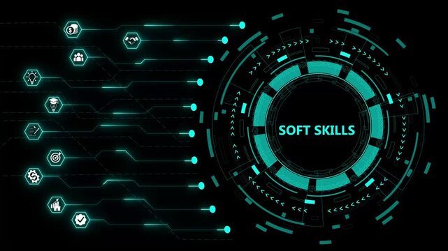 SOFT SKILLS. Concept with neon , l icons. Colored flat vector animation. Isolated on black background.