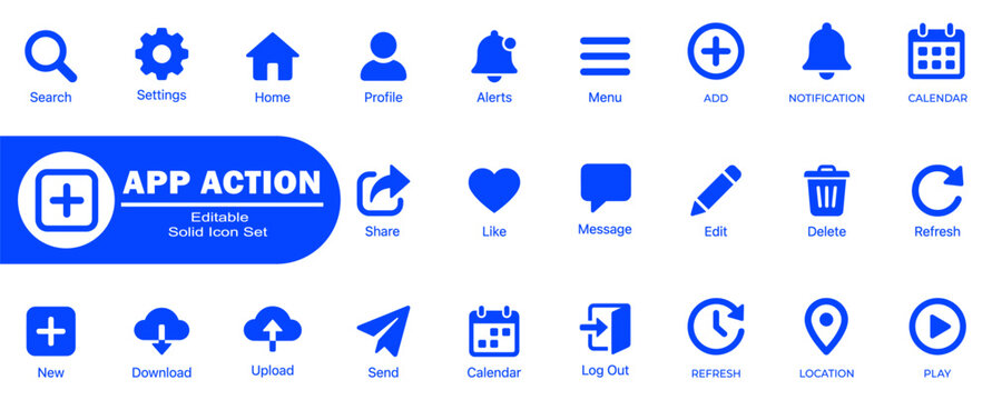 App action editable solid icon set. Intuitive mobile software navigation and common user interface control elements. Editable Stock. Vector Illustration.