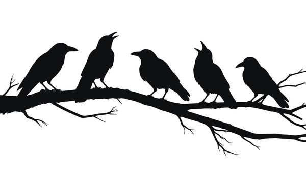 Five black crows perched on a bare branch silhouetted against a light background, evoking a sense of unity and nature