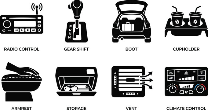 Car Interior Features Icons Radio Gear Shift Cupholder Climate Control Vector