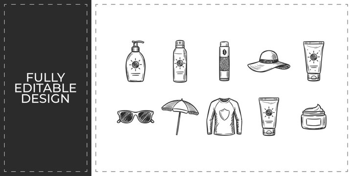 Summer beach vacation essentials and relaxation icons set featuring umbrellas and sunglasses for tropical tourism agency and holiday planning graphics design