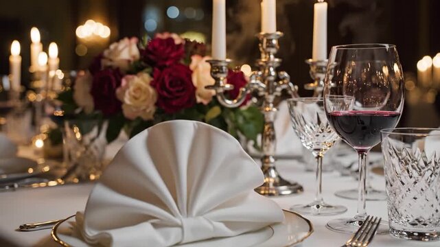 A formal dining table is set for a romantic evening meal
