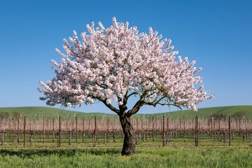 Naklejka premium The Tree in a Spring Vineyard Field Under a Clear Sky