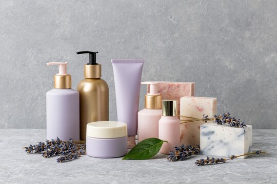 The Lavender Skincare Collection with Bottles, Jars, Soaps and Lavender Sprigs