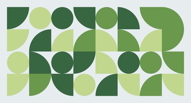 A balanced arrangement of circles and semicircles in varying green tones forming a modern geometric grid design.
