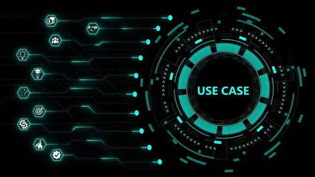 USE CASE. Concept with neon toolbox , letters and icons animation. Colored flat vector illustration. Isolated on black background.