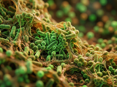 Microscopic 3D render of green bacteria cluster embedded in a slimy biofilm matrix