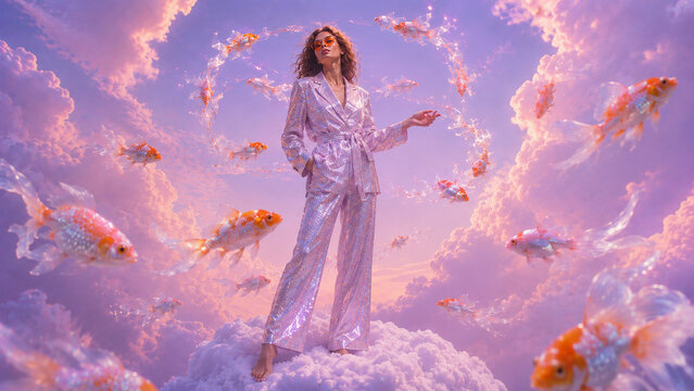 A fashionable woman in a shimmering silver outfit relaxes on pink clouds surrounded by floating goldfish.