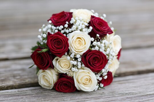 The Red and White Rose Bouquet on Rustic Wooden Table