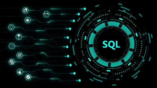 SQL, Structured Query Language. Concept with neon toolbox, icons animation. Flat vector illustration. Isolated on black background. .