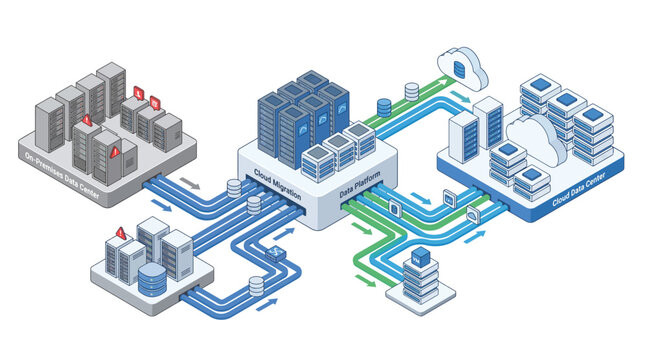 Isometric illustration of a cloud-based data center network processing data within a modern digital infrastructure for IT solutions