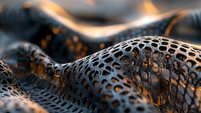 Macro view of futuristic breathable fabric with perforated cellular structure flowing waves delicate lighting innovative smart textile biomaterial research and abstract technology background design