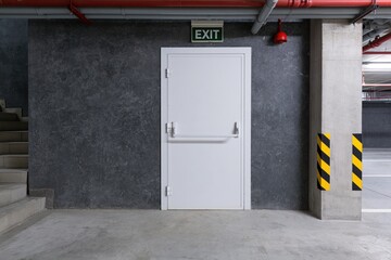 Obraz premium The white exit door in industrial parking garage corridor with safety signage