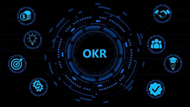 OKR, objectives and key results. Colored flat vector illustration. Isolated on black background.