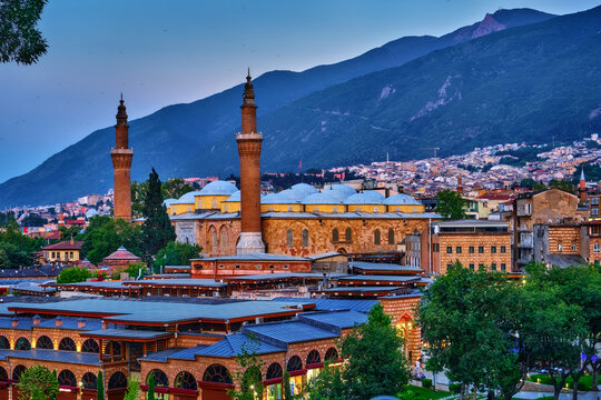 Evening Panorama of Bursa with Historic Grand Mosque and Uludag Mountain, Turkey