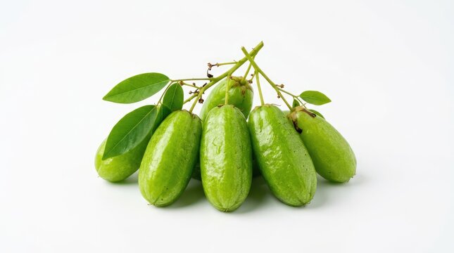 Bilimbi Fruit Bunch: A fresh cluster of vibrant green bilimbi fruit, also known as cucumber tree, adorned with small leaves, presented against a clean white backdrop.