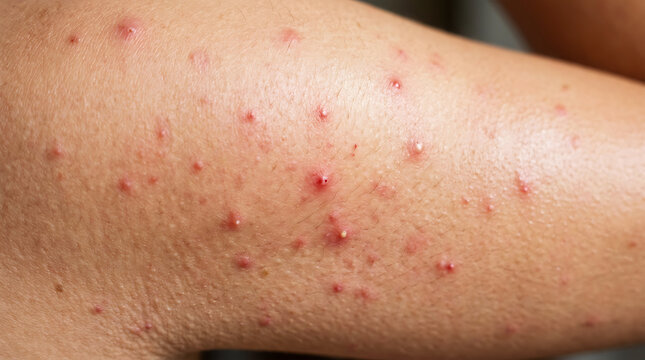 Close-up of inflamed skin with red bumps and scabs