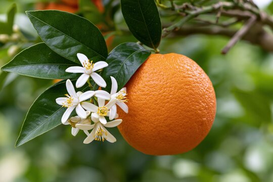 The Orange Surrounded by White Blossoms on a Lush Green Tree Branch