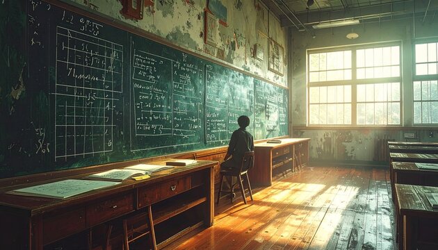 Lone student in a dilapidated classroom with chalkboards, aged wood, and sunlight