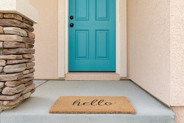 Obraz premium The Turquoise Front Door Welcoming Entrance With Hello Doormat Texture