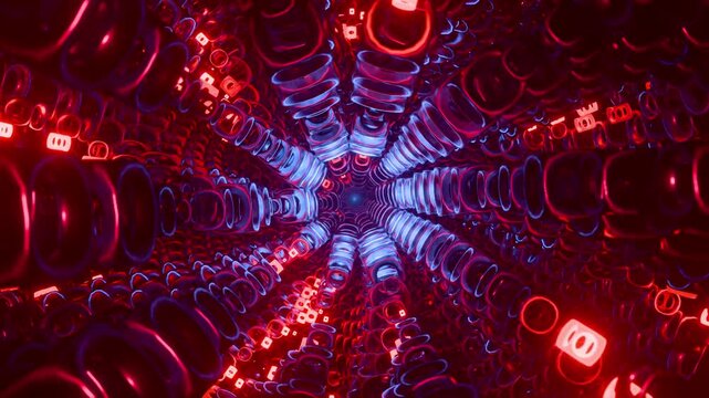 Colorful abstract 3D render loop moving through a dynamic metallic chain tunnel. 3D rendering