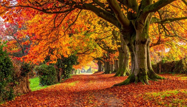 Pathway lined with autumnal trees displaying vibrant red and orange foliage and a carpet of leaves