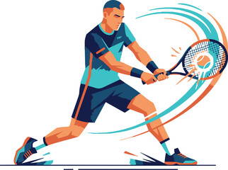 Fototapeta premium Dynamic tennis player in mid-swing, captured with clean lines and vibrant teal and navy blue accents, conveying focus and athletic prowess for sports marketing and digital media.