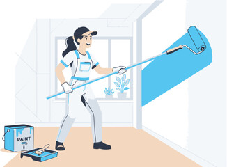 Fototapeta premium Modern flat design of a skilled cleaner meticulously washing a large window with bright blue cleaning solution, conveying a sense of freshness and meticulous attention to detail