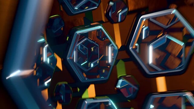 Seamless loop of a camera moving past glossy metallic honeycomb structures illuminated by neon blue lights. 3D rendering