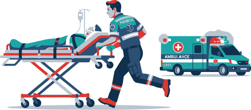 Urgent medical transport: a determined paramedic rushes a patient on a stretcher towards a teal ambulance, conveying speed and critical care.