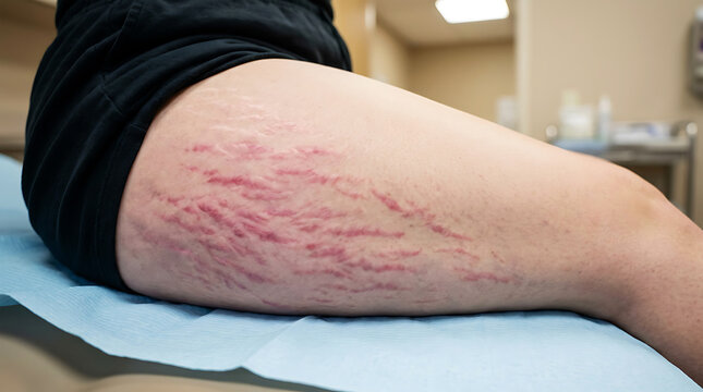 Red, raised scar on person's thigh skin
