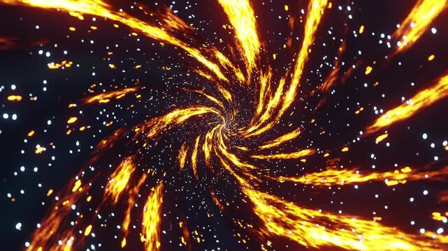 Swirling vortex of fiery orange energy and glowing particles rotating towards the center. 3D rendering