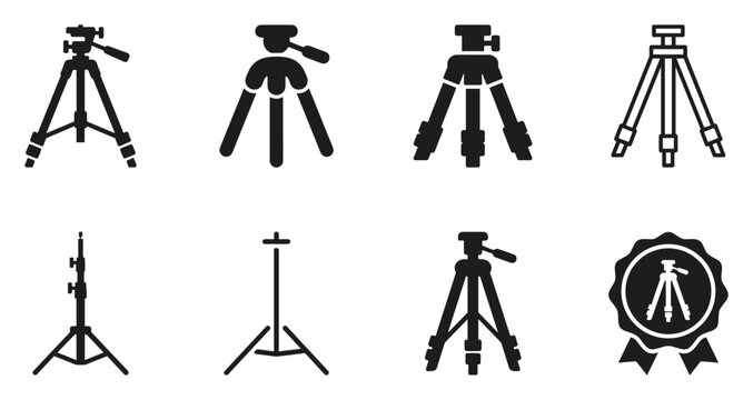 Minimalist camera tripod icon variations set, premium vector line art bundle for digital marketing, clean geometric horizontal camera tripods graphic designs for creative branding projects iso