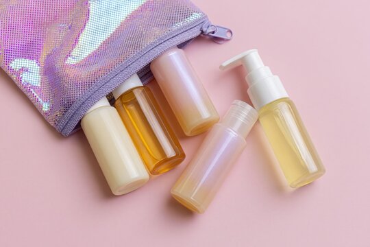 The Travel Cosmetic Bottles in a Shimmering Pouch on a Soft Pink Surface