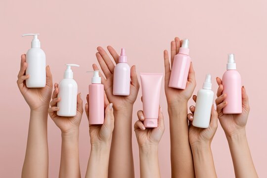 The Pink Skincare Bottles In Hands Creating A Collective Beauty Display