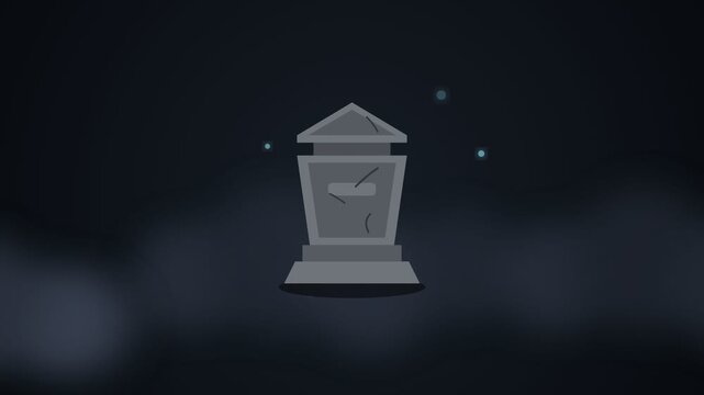 Old cracked tombstone gravestone floating and bobbing in a seamless loop on a dark foggy night with magical glowing particles for a spooky Halloween horror or sad death memorial concept