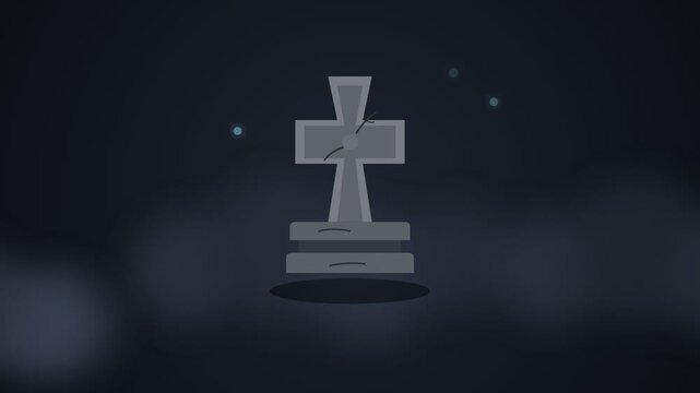 Spooky tombstone cross pattern endlessly floating up through dark fog in a seamless 2D animation for a scary Halloween background or eerie gothic horror concept