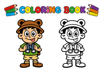Fototapeta premium Coloring book page with a cheerful safari explorer boy holding binoculars shown side by side in colored and outlined versions, plus a coloring book banner with colored pencils.